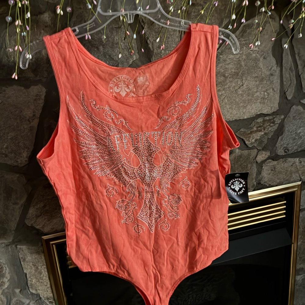 Affliction Coral Rhinestone Wing Graphic Bodysuit